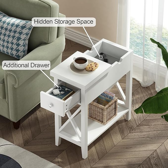 ChooChoo End Table Set of 2, Flip Top Narrow End Table with Drawer, Accent Small Side Table Nightstand for Living Room, Bedroom, and Small Spaces, White