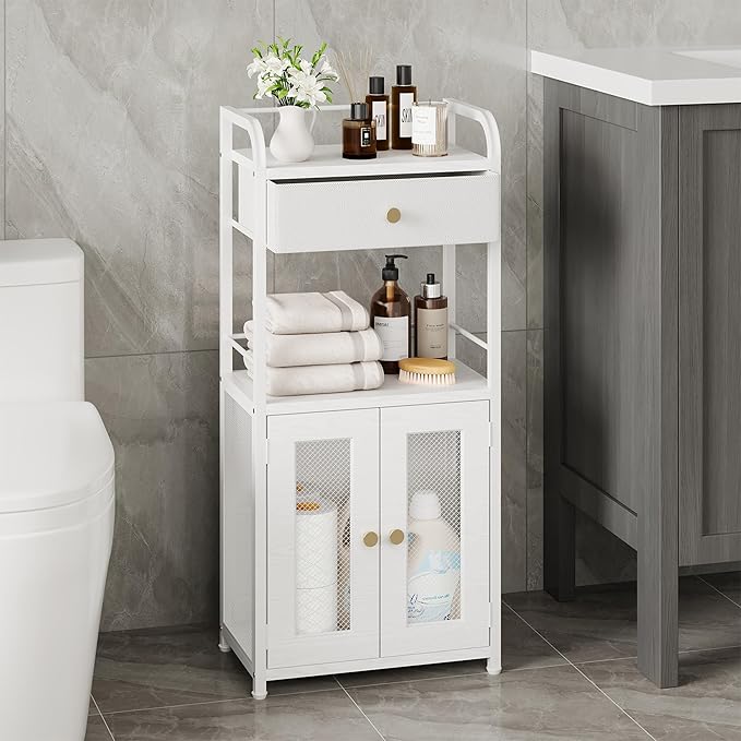 SWTYMIKI 14.57"x32.28" Bathroom Storage Cabinet – Freestanding Toilet Paper Storage with Doors & Drawer, Bathroom Organizers and Storage for Small Spaces, Laundry Room, Ideal for Towels, White