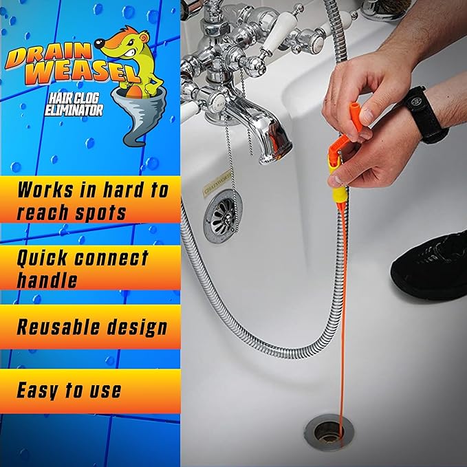 FlexiSnake Drain Weasel Sink Snake Hair Clog Remover Tool and Disposal Pods Cleaner/Deodorizer. Includes 5 Wands, Removable Handle and Pack of 5 Fresh Lemon Scent Pods