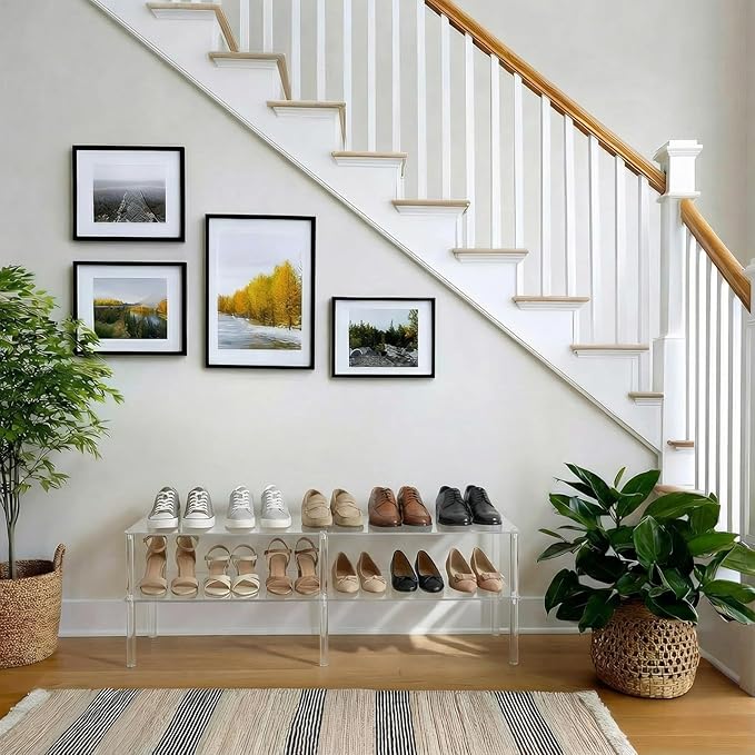 2 Tier Acrylic Long Shoe Shelf Clear Acrylic Shoe Organizer, 42.5" L x 11.8" W x 12.2" H, Holds 10 to 12 Pairs for Heels, Sneakers, Flats in Closet, Entryway, Bedroom, Easy Assembly & Clean