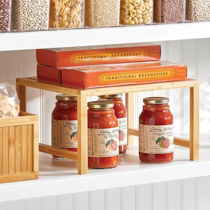 mDesign Wooden Stackable Storage Shelf - Food and Kitchen Organizer for Cabinet, Pantry Shelves, Countertop, Cabinet - Echo Collection - Natural Bamboo