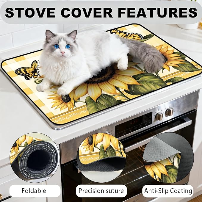 Glass Stove Top Covers for Electric Stove, Heat Resistant Counter Protector Mat, Non Slip Waterproof Surface Cover for Kitchen Counter and Cooktop (Sunflower Check, 28"L x 20"W)
