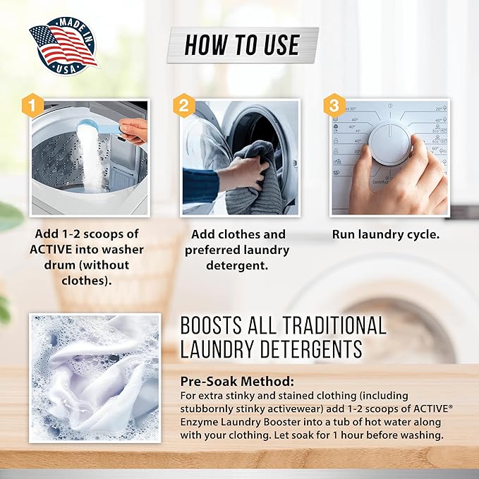 ACTIVE Enzyme Laundry Booster and Washing Machine Cleaner - Includes 2lbs Detergent Boosting Powder and 24ct Washing Machine Cleaning Tablets