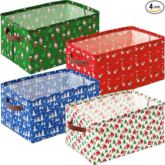 Boao 4 Pack Christmas Storage Baskets for Gifts Empty Collapsible Laundry Storage Bins with Handles Foldable Boxes for Home Bedroom Office Holiday Toy Clothes Containers