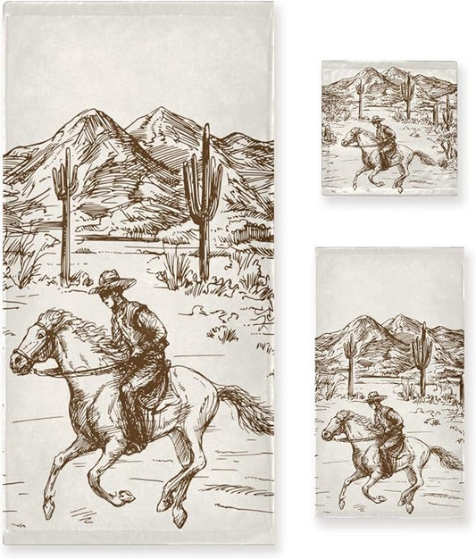 3 Piece Western Cowboy Bath Towels Set,Microfiber Absorbent American Country Riding Horse Cactus Desert Towels for Bathroom,1 Bath Towel,1 Hand Towel,1 Washcloth,Decorative Bathroom Towels