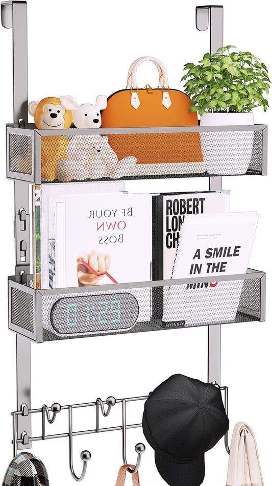 Consumest Over The Door Hooks Organizer - Extra Long Door Hanger with 9 Coat Hooks & 2 Mesh Basket, Back Storage Organizer Hanging Towels for Bathroom, Bedroom, Sand Nickel (for 1.76 in Doors)