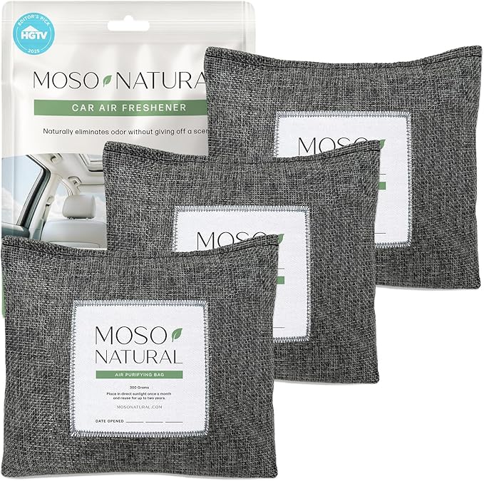 Moso Natural Charcoal Odor Absorber for Cars (3 Pack) 300g Bamboo Charcoal Air Purifying Bag, Unscented Odor Eliminator, Lasts Up to 2 Years, HGTV Editors’ Pick