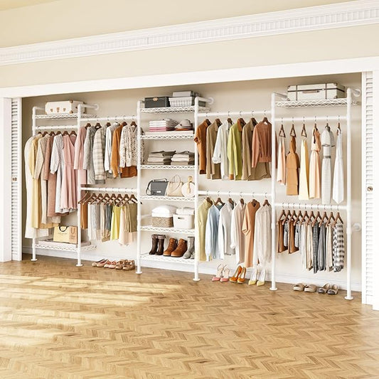 H5 Wall Mounted Closet System, Industrial Pipe Clothes Racks Clothing Rack with 4 Telescopic Rods & 3 Fixing Rods & 9 Shelves, Heavy Duty Closet Organizers and Storage in Wardrobe Closet (White)