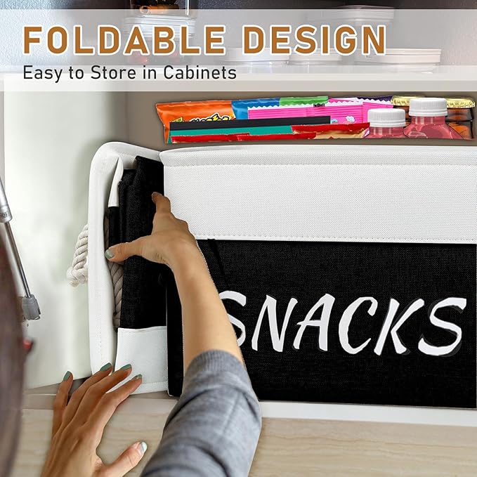 Snack Organizer for Pantry, Decorative Snack Basket with 10pcs Chip Clips, Snack Organizer for Desktop, Collapsible Snack Storage Basket Pantry Shelf, Office, Kitchen and More (Black, Medium-2 Pack)