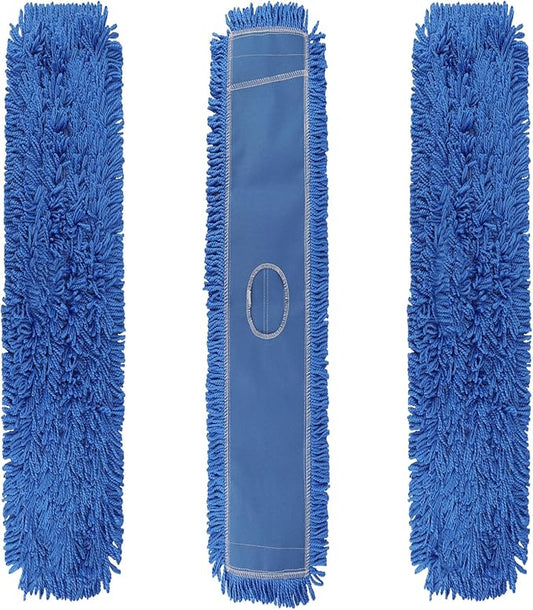 Commercial 48 Inch Dust Mop Head: Replacement Heavy-Duty Sweeper and Janitorial Industrial Dust Mop Head for Floor Cleaning, Office, School, Restaurant, Hospital (3 Pack - Blue)