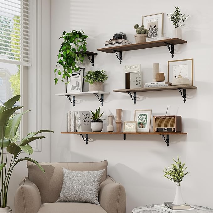 RICHFOCUS Floating Shelves for Wall Decor, 55.1W x 8D Shelves Set of 2, 8 Inch Deep Rustic Wood Shelves Wall Mounted with Brackets, Long Floating Shelves for Living Room Bedroom Kitchen, Black