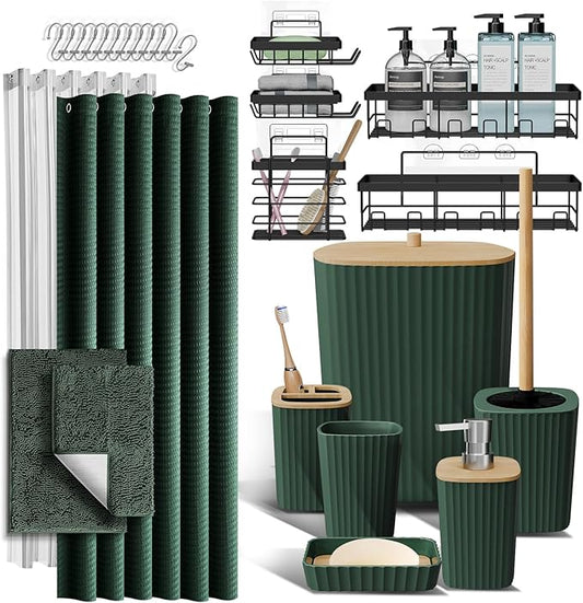 Clara Clark Bathroom Accessories Set - 27PC Bathroom Set with Adhesive Corner Shower Caddy Hanging, Bathroom Sets with Shower Curtain and Rugs, Hunter Green Shower Curtain Set with Bathroom Trash Can