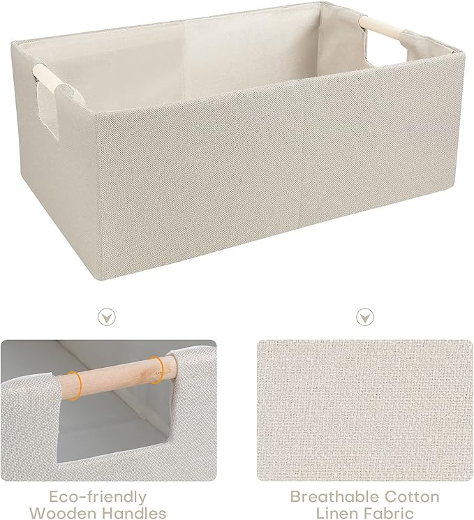 ANMINY 4PCS Storage Baskets for Organizing Collapsible Fabric Storage Bins Boxes with Wood Handles Closet Shelves Cube Organizer Bins Clothes Laundry Storage Container - Medium, Beige