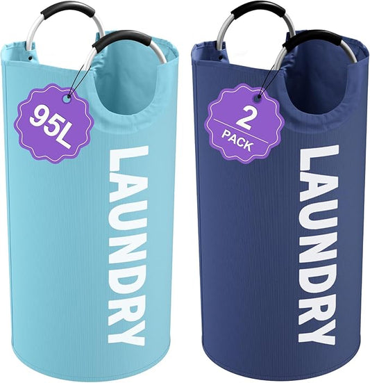 2Pcs Foldable Laundry Basket with Handles, 95L Large Clothes Hampers for Men, Tall Laundry Bin Stand Up Well, Portable Storage Basket for Family, Flat, Blue + Navy Blue