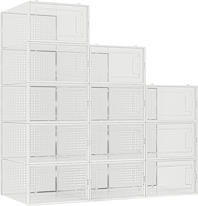 Seseno 12 Pack Shoe Organizer Storage Bins Clear Plastic Stackable Shoe Boxes for Closet, Space Saving Foldable Shoe Storage Case, Sneaker Storage Shoe Box Container
