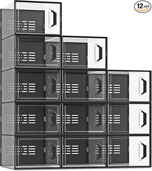 SEE SPRING X-Large Shoe Storage Box Fit Size 11, Clear Plastic Stackable Shoe Organizer for Closet, Space Saving Sneaker Shoe Rack Containers Bins Holders for Entryway, Under Bed, 12 Pack Black
