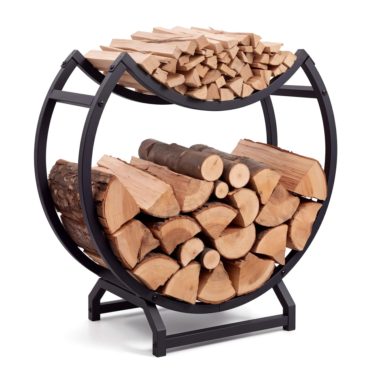 23" Round Firewood Rack with Kindling Tray, Metal Log - Image 1