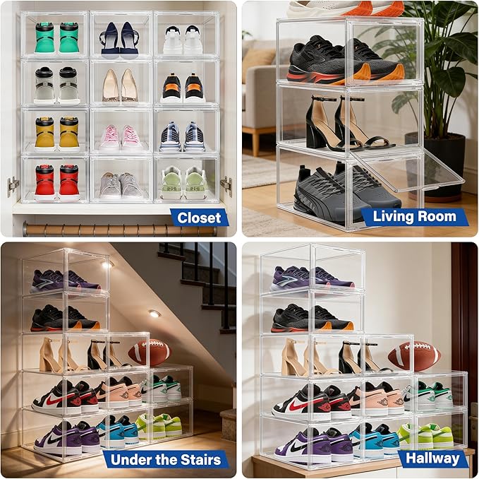 2 Pack Drop Front Shoe Boxes Acrylic Box Sneaker Case Size 12, Transparent Display Cases for Sneaker Collections, Baseball Caps, Hat Organizer Dust-free Shoe Cubbies Stackable Sneaker Boxes