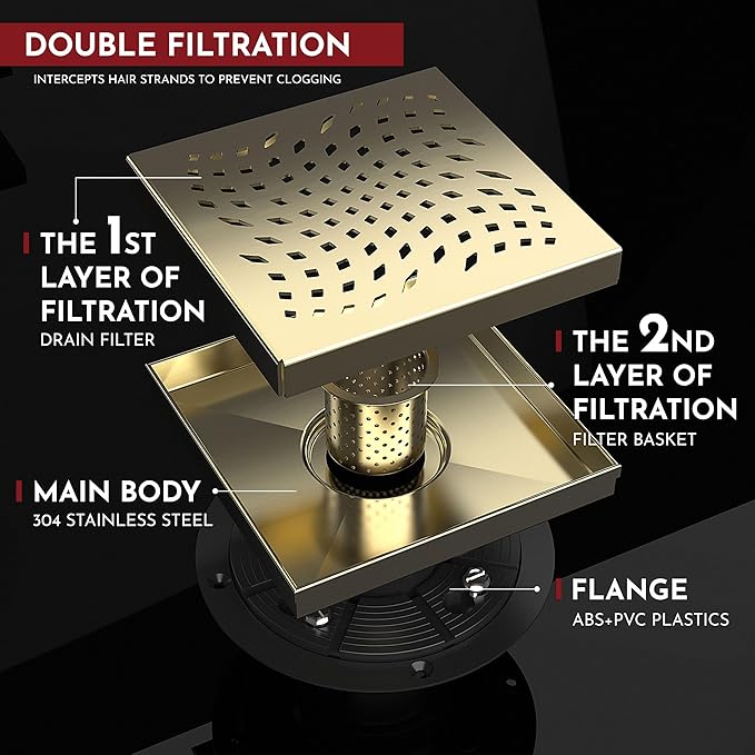 WEBANG 6 Inch Square Shower Drain Gold Floor Drain with Flange Wave-Hole Pattern Cover Grate Removable SUS304 Stainless Steel Watermark&CUPC Certified Brushed Gold