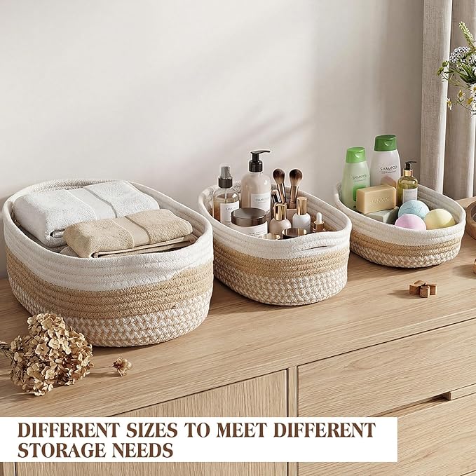 6 Pcs Boho Storage Baskets for Organizing Woven Baskets Set Natural Cotton Rope Storage Bins for Shelves Toys Books Clothes Decorative Farmhouse Home Decor for Bedroom Closet Nursery, 3 Sizes