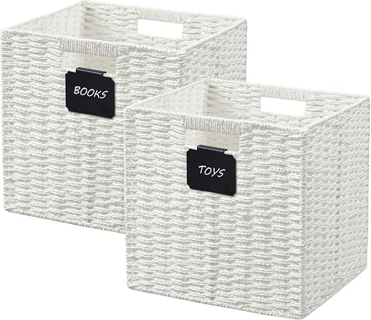 UBBCARE 2 Pack Wicker Basket, 10.5×10.5 Storage Cubes with Label, Foldable Cube Storage Bin with Handle, Square Storage Basket for Shelves, Woven Paper Rope Basket for Organizing, White