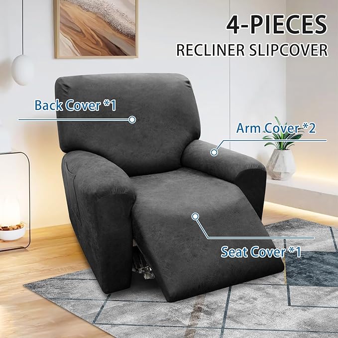 Chair Covers 4-Pieces Recliner Chair Covers 1 Seater Cover for Recliner Chair Leather Look Recliner Slipcovers with Pockets Spandex Fabric Furniture Covers(Recliner, Dark Grey)