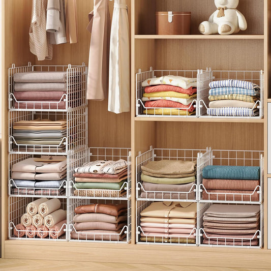 6-Tier Closet Shelf Organizer,Metal Stackable Closet Organizers and Storage,Clothes Storage Bins,Shelf Organizer Basket ,Folded Shelf Organizer for Closet Wardrobe,White