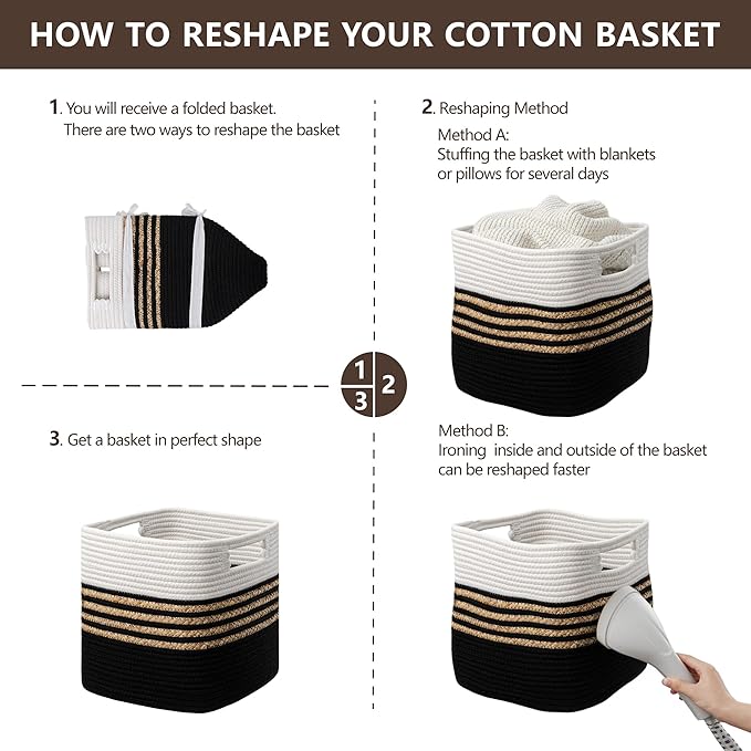 UBBCARE Set of 4 Storage Cubes 13 X 13 X 13 in, Water Hyacinth Storage Bins for Shelves, Toys, Book, Storage Baskets with Handles, Cotton Rope Woven Baskets for Organizing, Black