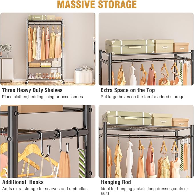 Rolling Clothes Rack for Hanging Clothes,Heavy Duty Garment Rack with 3 Tier Wire Shelves,Freestanding Portable Clothing Rack Wardrobe Rack, Black