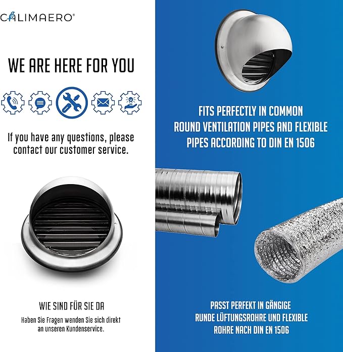 calimaero® KWG 5 inch Round Stainless Steel Ventilation Grill Hood with Rubber Seal Fits only with Metal Ducts