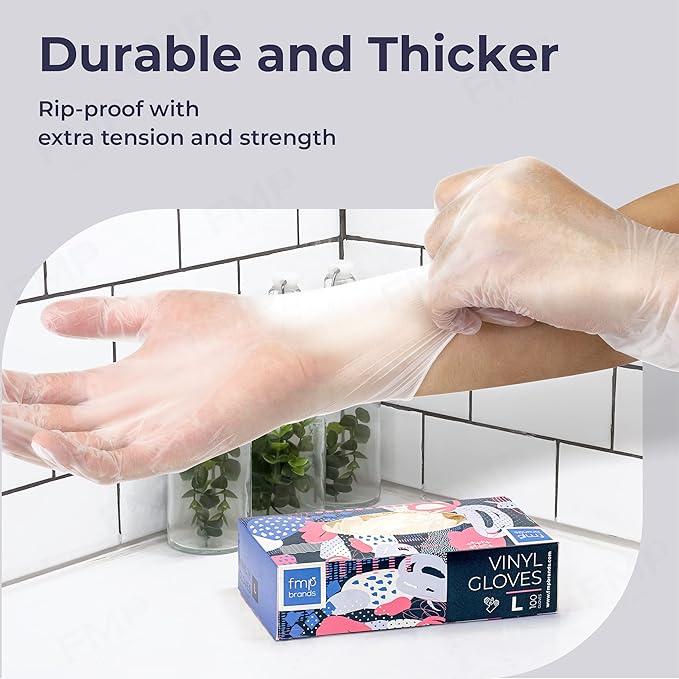 Fit Meal Prep 100 Pack Disposable Latex Free Large Vinyl Food Prep Gloves - Powder Free, Ideal for Kitchen, Bathroom, Household, Gardening