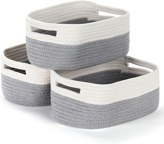 Bidtakay Small Cotton Rope Storage Baskets for Organizing 3 Pack Woven Baskets for Storage Closet Organizer Bins for Shleves 11.8×7.8×5 inch Cute Boho Decorative Basket with Handles - White&Grey