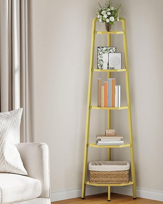 5-Tier Corner Shelf, 59.6” Corner Storage Stand, Floorstanding Dispaly Rack, Tempered Glass Corner Bookshelf, Open Plant Stand, for Living Room, Bedroom, Study, Bathroom, Gold TCJ21GJ