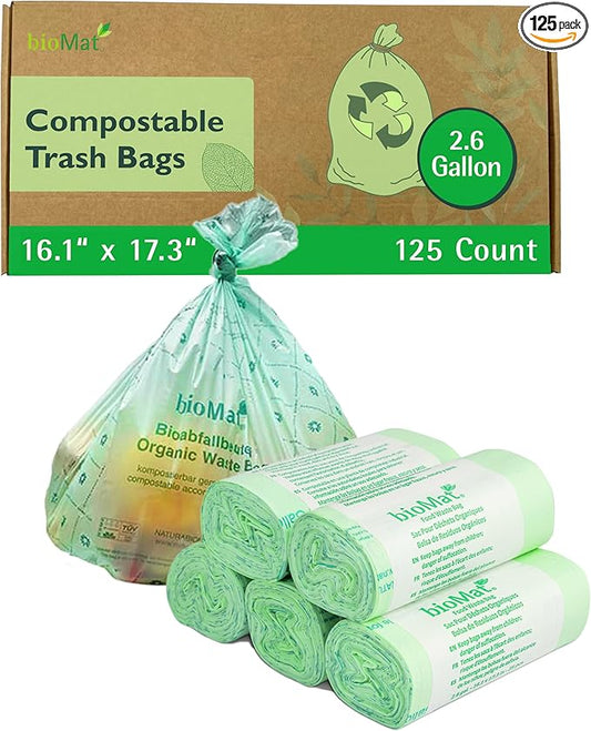 bioMat 2.6 Gallon Compostable Food Scrap Bags, 125 Count, Compost Bags for Countertop Bins, BPI ASTM D6400 and CMA Certified Small Trash Bags