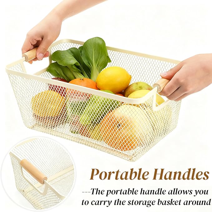 3 Pack Metal Mesh Baskets with Wood Handle, Iron Storage Organizer Basket, Cream White Wire Countertop Baskets for Organizing, Cabinet Pantry Closet Bedroom Kitchen(3 Size)