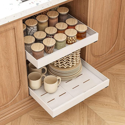 2 Pack Expandable Pull Out Cabinet Organizer, 21" Depth, for Kitchen Cabinets, Upgrade 3 Slide Slide-Out Drawers, Adjustable Width 12.05" - 20.5", White
