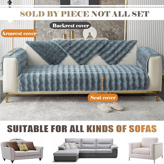 Soft Warm Faux Fur Couch Sofa Cover Thick Shaggy Fuzzy Sectional Couch Cover Non-Slip Solid Color Plush Sofa Slipcover Furniture Protector for Kids, Pets (Grey Black,43"x70")