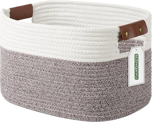 Cotton Rope Basket, Storage Baskets with Handle, 15x10x9 Inch Woven Basket for Shelves, Laundry, Towels, Clothes, Books (White Brown 1 Pack)