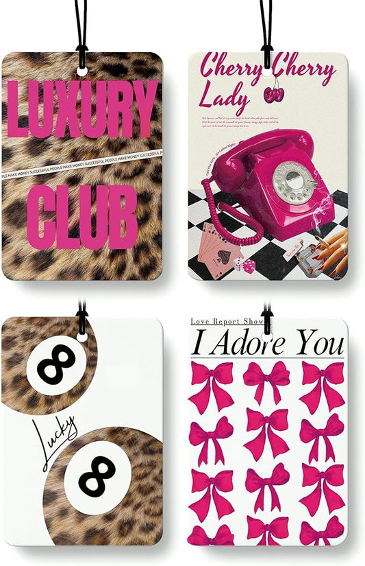 Hot Pink Cheetah Print Car Air Freshener 4 Pcs, Funky Coquette Bow Leopard Print Lucky 8 Ball Hanging Air Freshener for Cars Closet Drawer Books, Girly Car Accessories Mirror Decor for Women