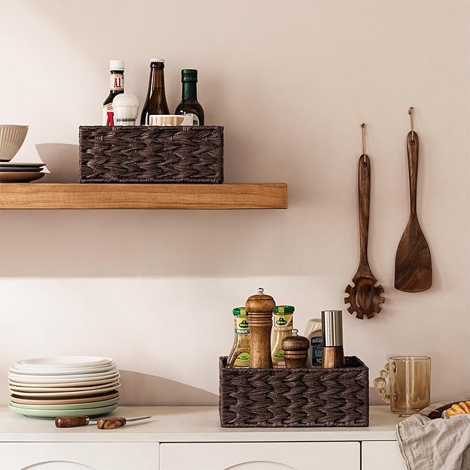 Storage Baskets with Label — Wicker Pantry Baskets for Shelves, Waterproof Woven Basket for Organizing, 2-Pack Plastic Rectangle Organizers with Handles, Dark Brown (10L×8H×4W)