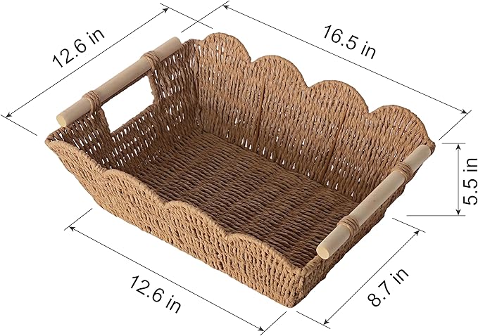 Scalloped Basket with Wooden Handle, Water Hyacinth/Seagrass/Wicker Storage Baskets, Hand Woven Baskets for Shelves,Natural Baskets for Organizing