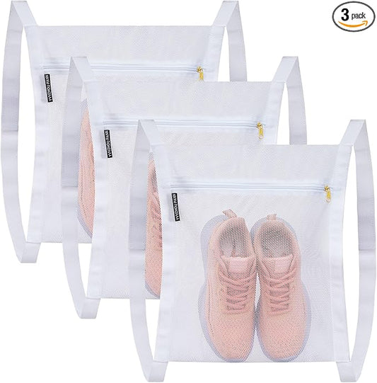 3 Pcs Reusable Shoe Dryer Mesh Bags, Honeycomb Net Laundry Bags with Zipper & Strap for Washing Machine, Clothing, White