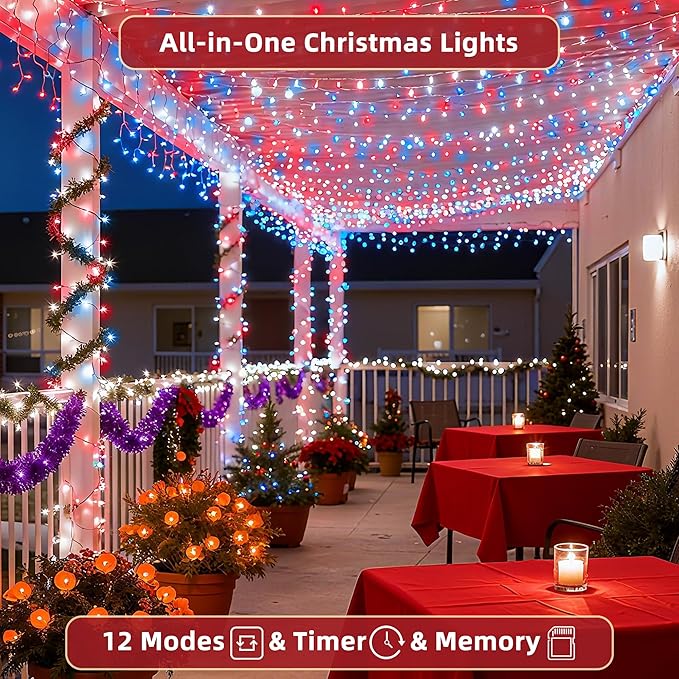 300 LED Outdoor Christmas Lights 75ft, 12 Lighting Modes Indoor String Lights Dimmable & Timer Memory, Outsite Waterproof Tree Lights for Xmas Garden Wedding Party Holiday Decorations Red White & Blue