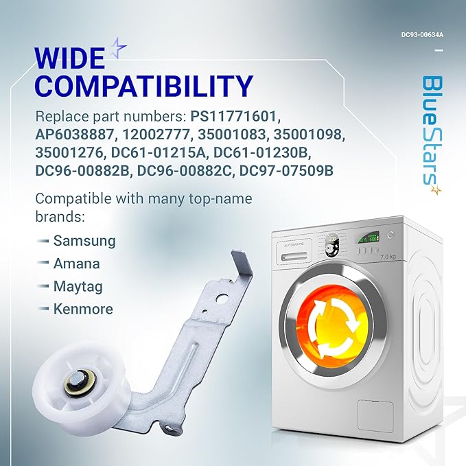 [UPGRADED Dual Ball Bearings] BlueStars 6602-001655/5ph2337 Drum Belt & DC93-00634A Dryer Idler Pulley with Sturdy Clip - Compatible with Samsung, Kenmore DV45H7000EW DV48H7400EW DV42H5000EW
