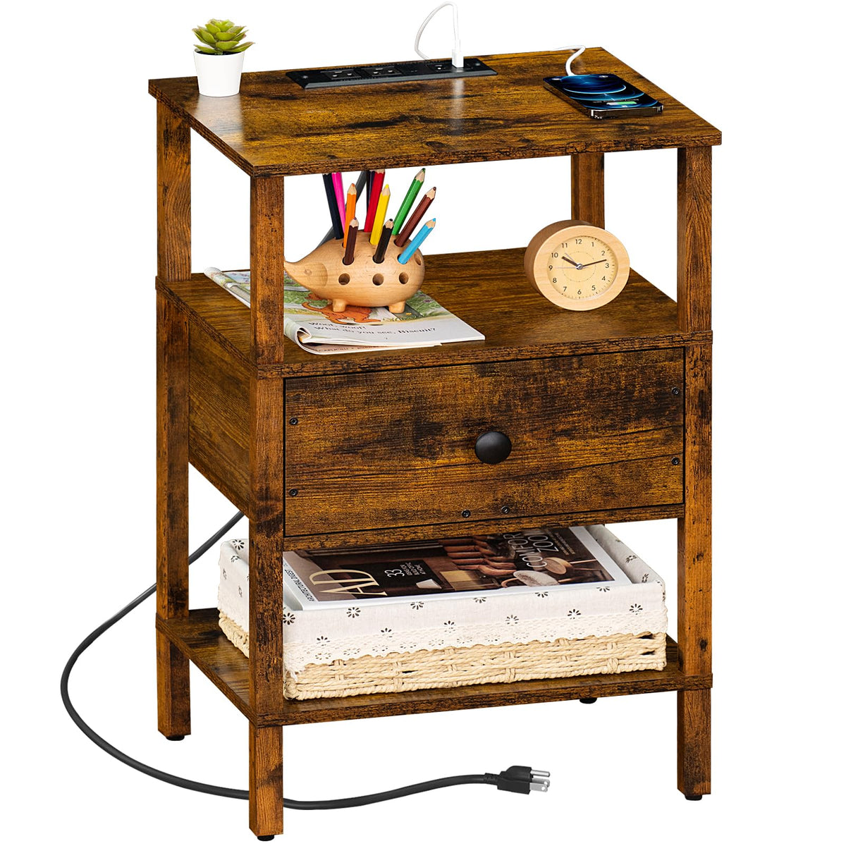 Lerliuo Nightstand with Charging Station and USB Ports, 3-Tier - Image 1
