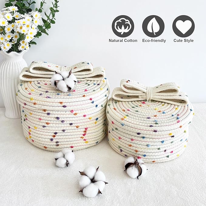 Small Storage Baskets with Lids, Round Woven Rope Basket with Lid, Cute Small Storage Box for Toy, Gift or Home Decor, Small Decorative Basket with Rainbow Pom-pom & Bow Handle (rainbow)