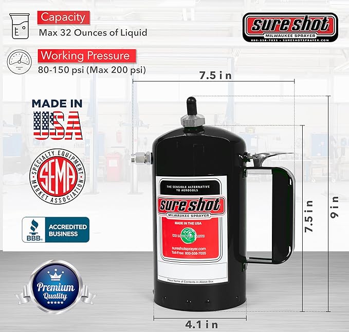SURE SHOT A1002 1-Quart Non Aerosol Sprayer - Refillable Pressurized Sprayer Can for Oil, Solvent, Degreasers, Lubricants - Rechargeable Steel Canister with Adjustable Nozzles - Made in the USA - 32oz