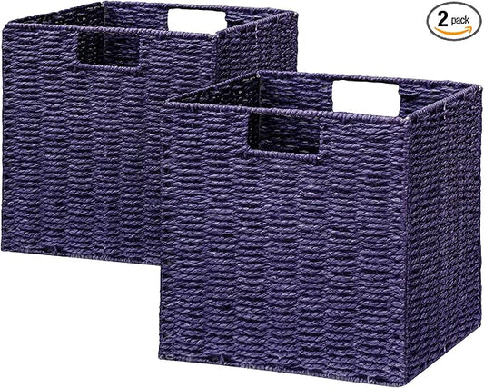 Vagusicc Wicker Storage Basket, Set of 2 Hand-Woven Paper Rope Wicker Basket, Foldable Cube Storage Bins, 9 inch Square Storage Baskets for Organizing Shelves & Decor, Purple (9″×9″×9″)