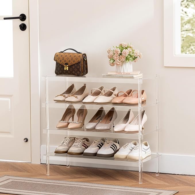 HBlife Shoe Rack for Closet, 4 Tier Clear Acrylic Shoe Organizer Shelf for Entryway, Free Standing Modern Aesthetic Shoe Storage Display Stand, 27.56" L x 11.8" W x 25.2" H