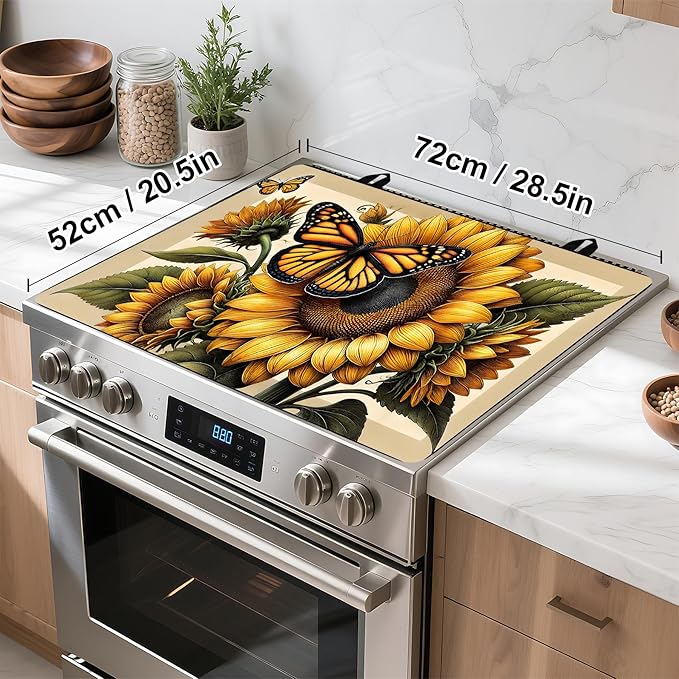 Stove Top Cover Flower Gas Stove Top Cover for Home Decoration Kitchen Pad Non-Stick Washable Cooktop Covers Countertop Protector Keep Stove Clean (Sunflower, 28L"x20W")